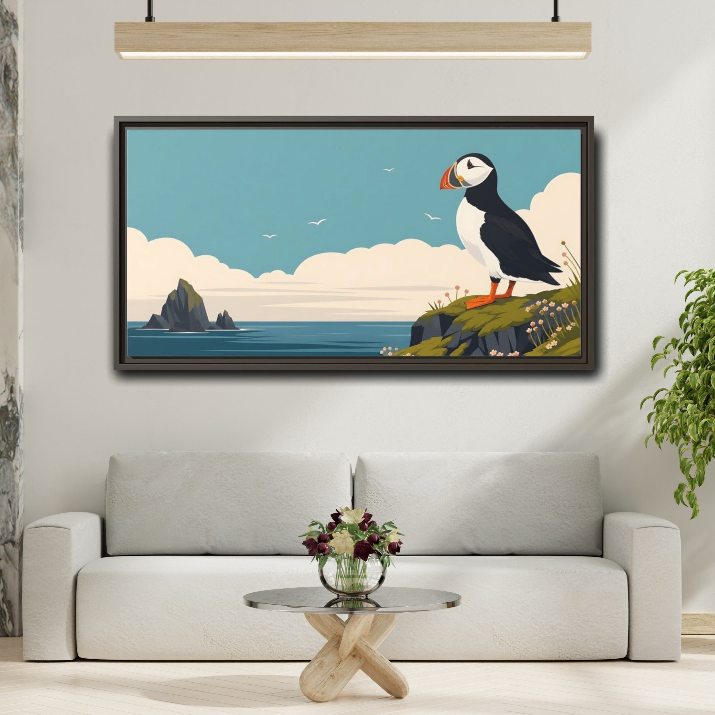 Mockup 2. Nature Puffin Blue And Orange shown as stretched canvas wall art
