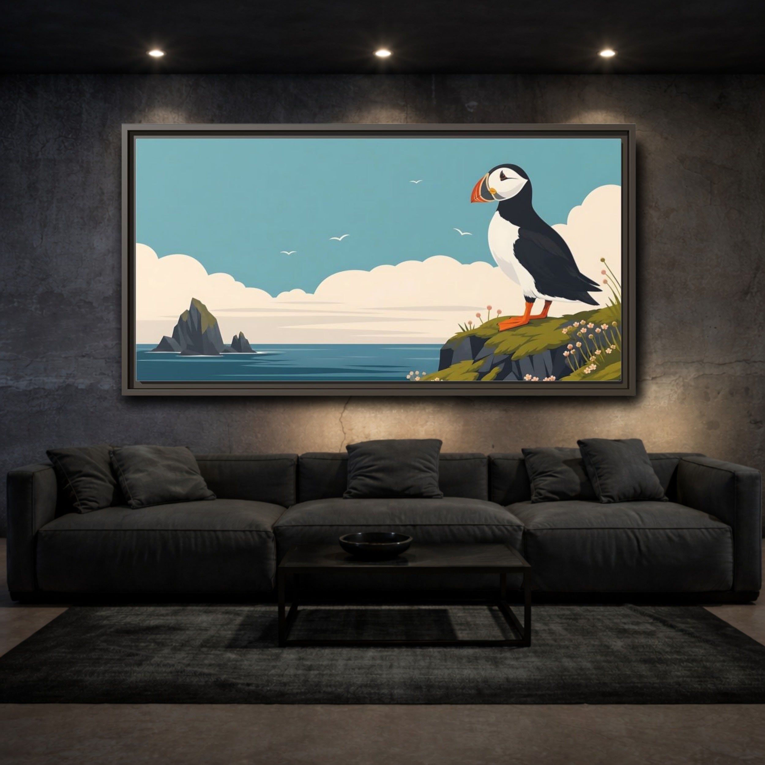 Mockup 3. Nature Puffin Blue And Orange shown as stretched canvas wall art