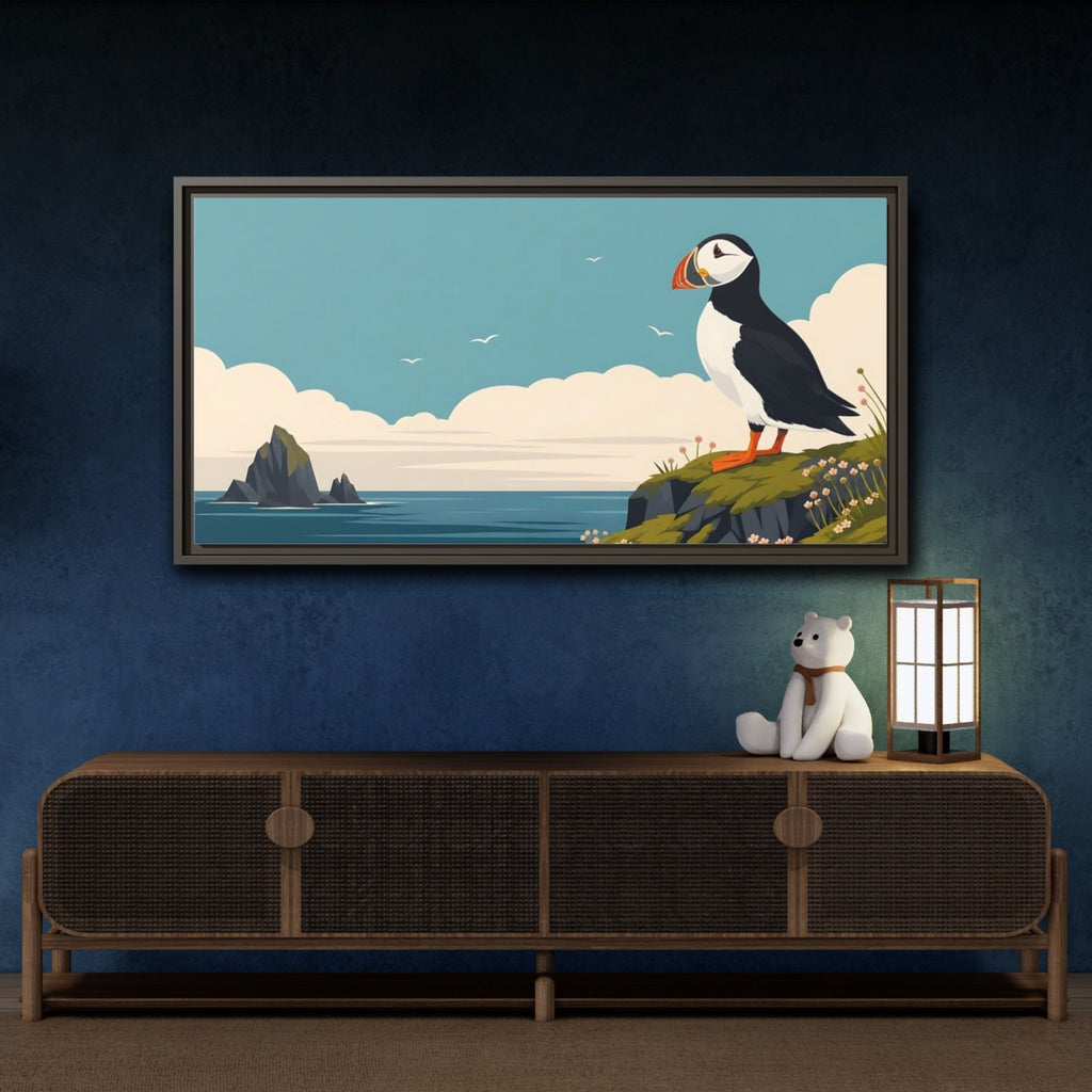 Mockup 4. Nature Puffin Blue And Orange shown as stretched canvas wall art