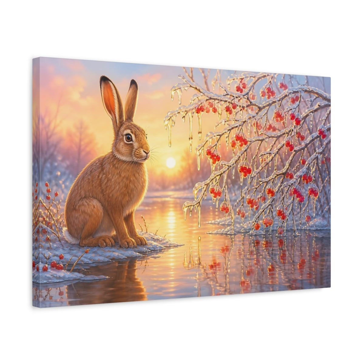Side Mockup 3. Nature Rabbit Winter Rabbit shown as canvas print