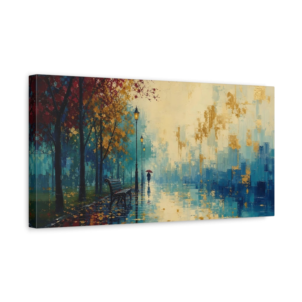 Side Mockup 3. Nature Rainy Park Blue Red Gold Landscape shown as stretched canvas wall art