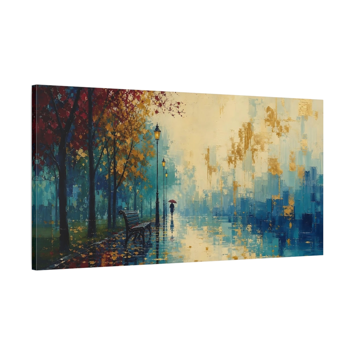 Main Mockup. Nature Rainy Park Blue Red Gold Landscape shown as stretched canvas wall art