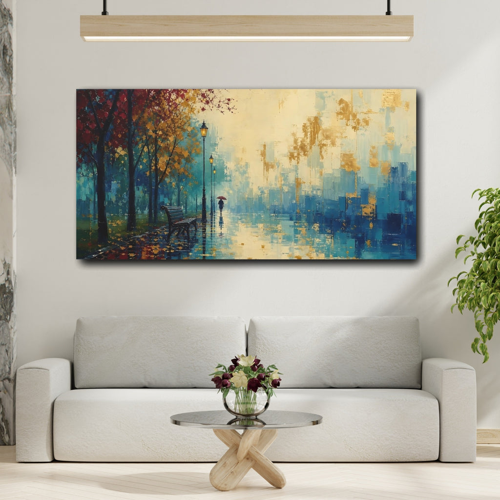 Mockup 2. Nature Rainy Park Blue Red Gold Landscape shown as stretched canvas wall art