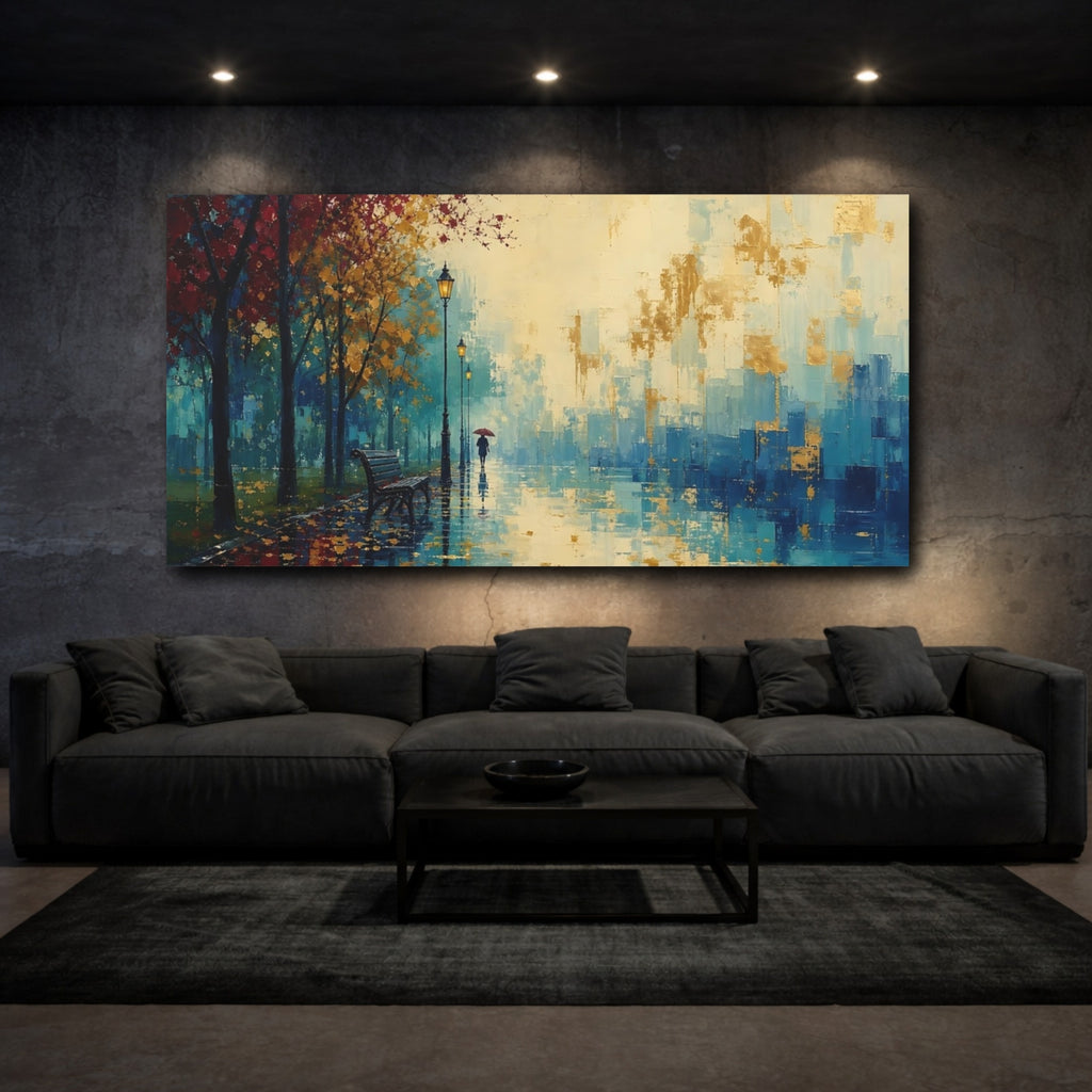 Mockup 3. Nature Rainy Park Blue Red Gold Landscape shown as stretched canvas wall art