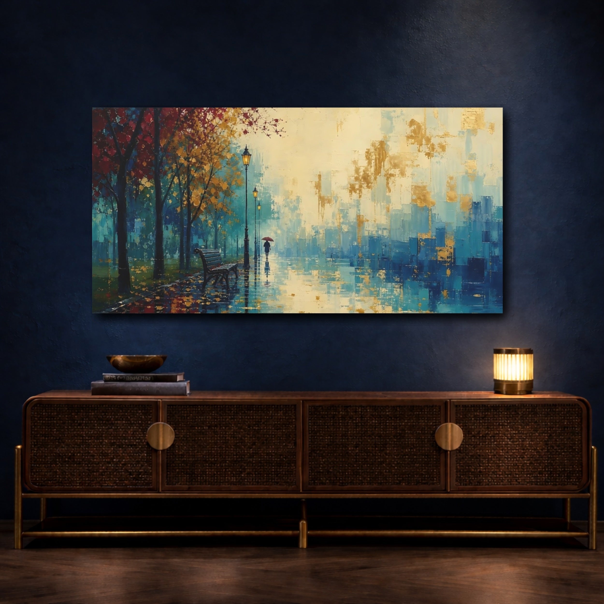 Mockup 4. Nature Rainy Park Blue Red Gold Landscape shown as stretched canvas wall art