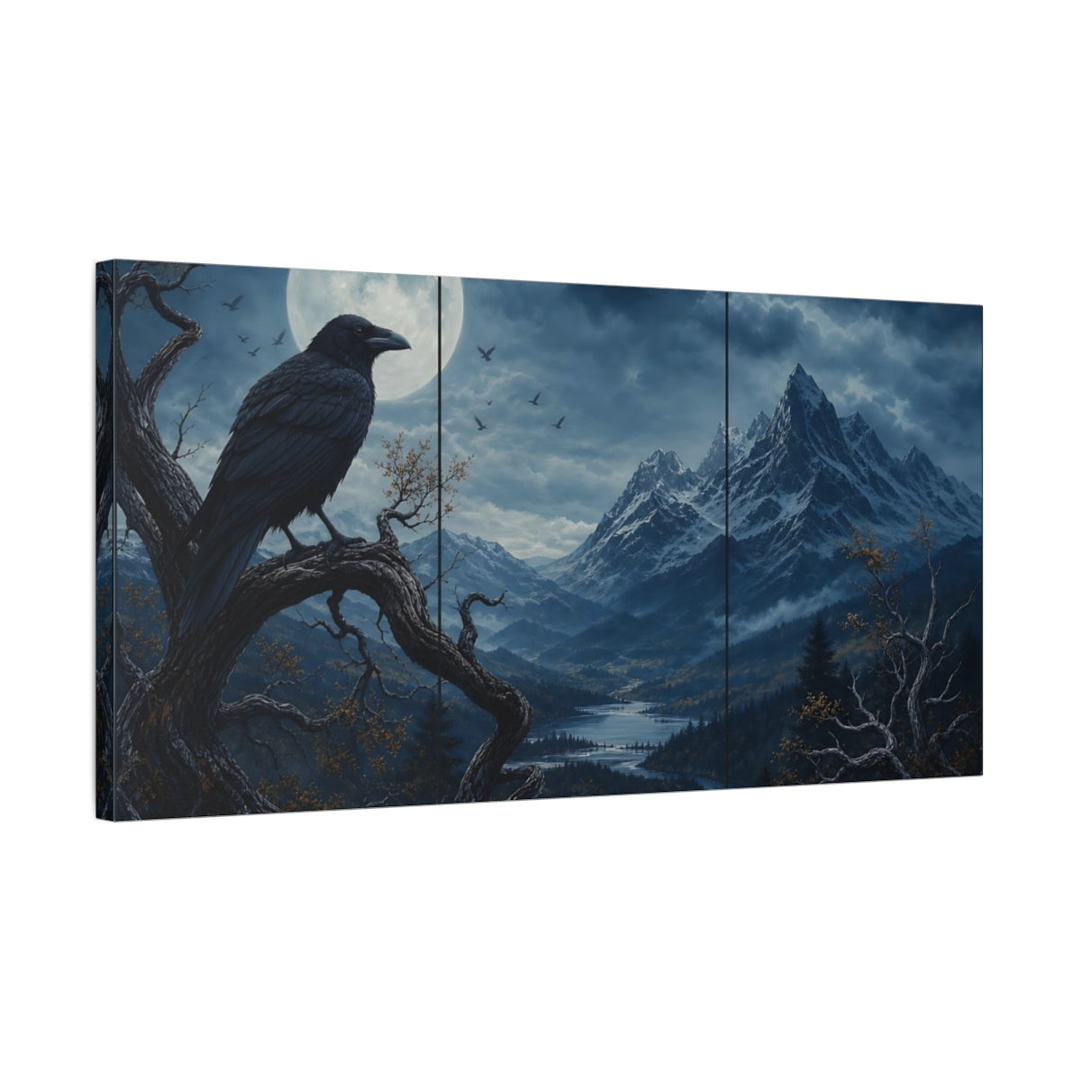 Side Mockup 1. Nature Raven Blue And Black shown as stretched canvas wall art