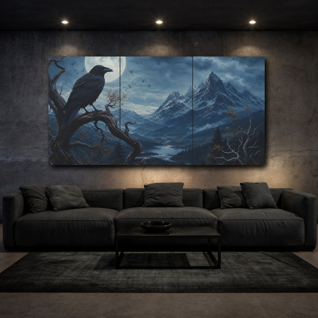 Mockup 3. Nature Raven Blue And Black shown as stretched canvas wall art