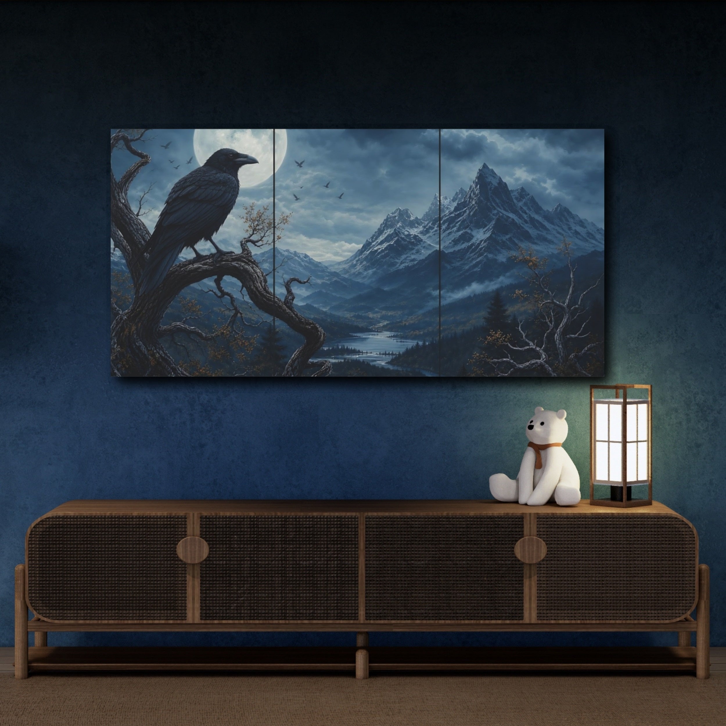 Mockup 4. Nature Raven Blue And Black shown as stretched canvas wall art