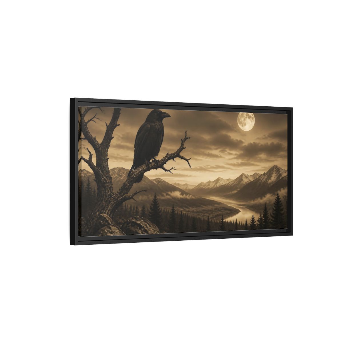 Side Mockup 2. Nature Raven Sepia Landscape shown as stretched canvas wall art