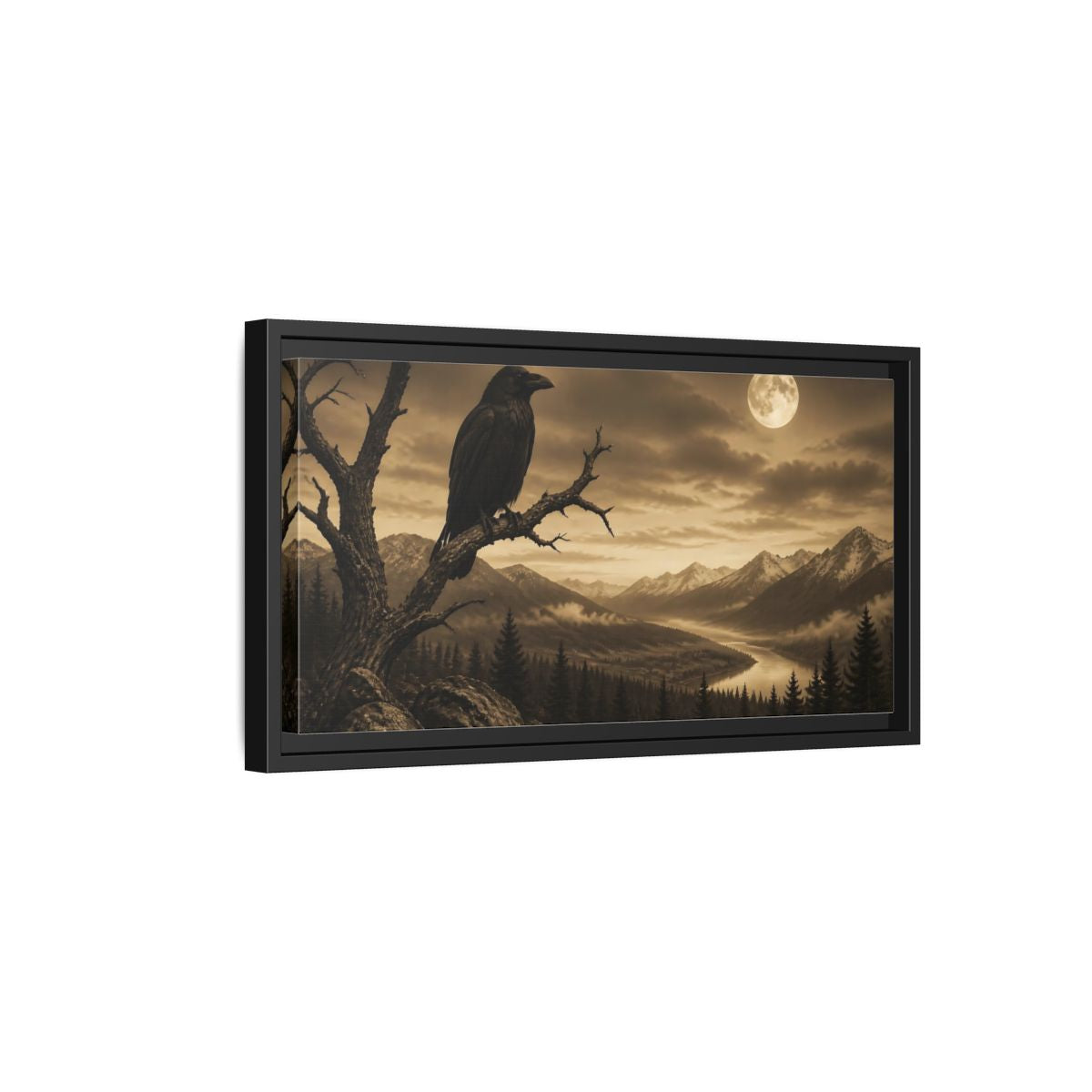Side Mockup 8. Nature Raven Sepia Landscape shown as stretched canvas wall art