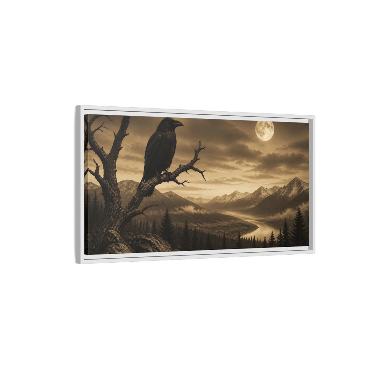 Side Mockup 1. Nature Raven Sepia Landscape shown as stretched canvas wall art