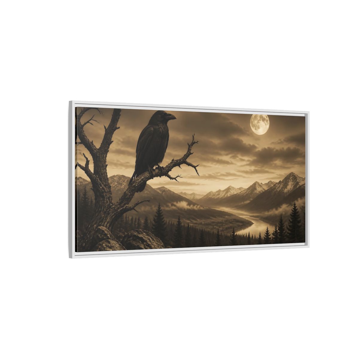 Side Mockup 3. Nature Raven Sepia Landscape shown as stretched canvas wall art