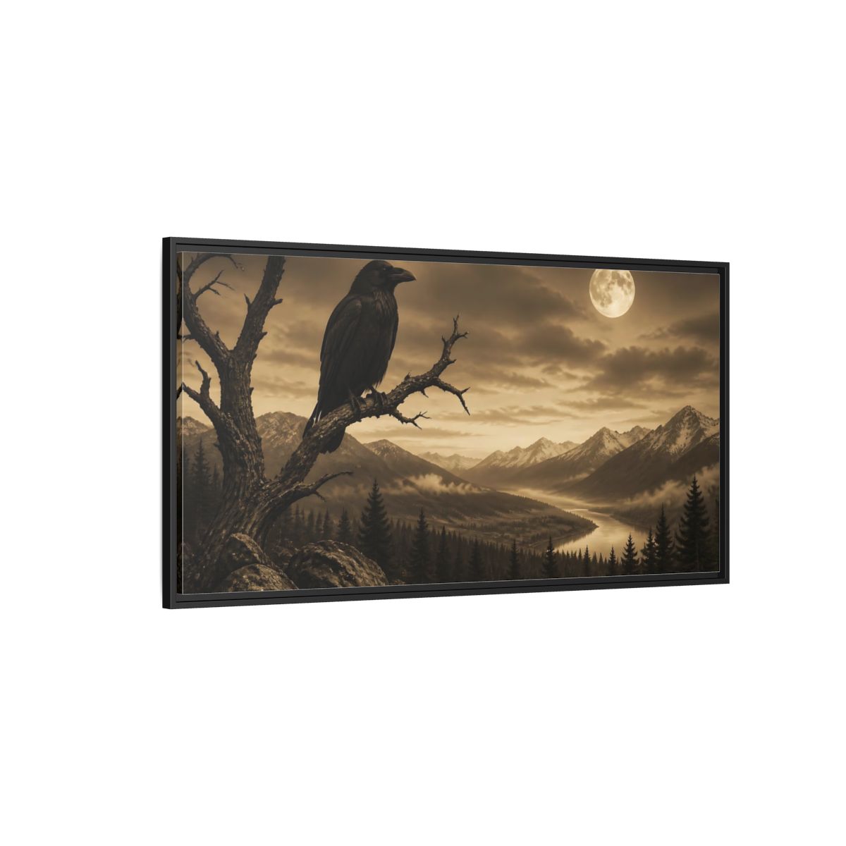 Side Mockup 5. Nature Raven Sepia Landscape shown as stretched canvas wall art