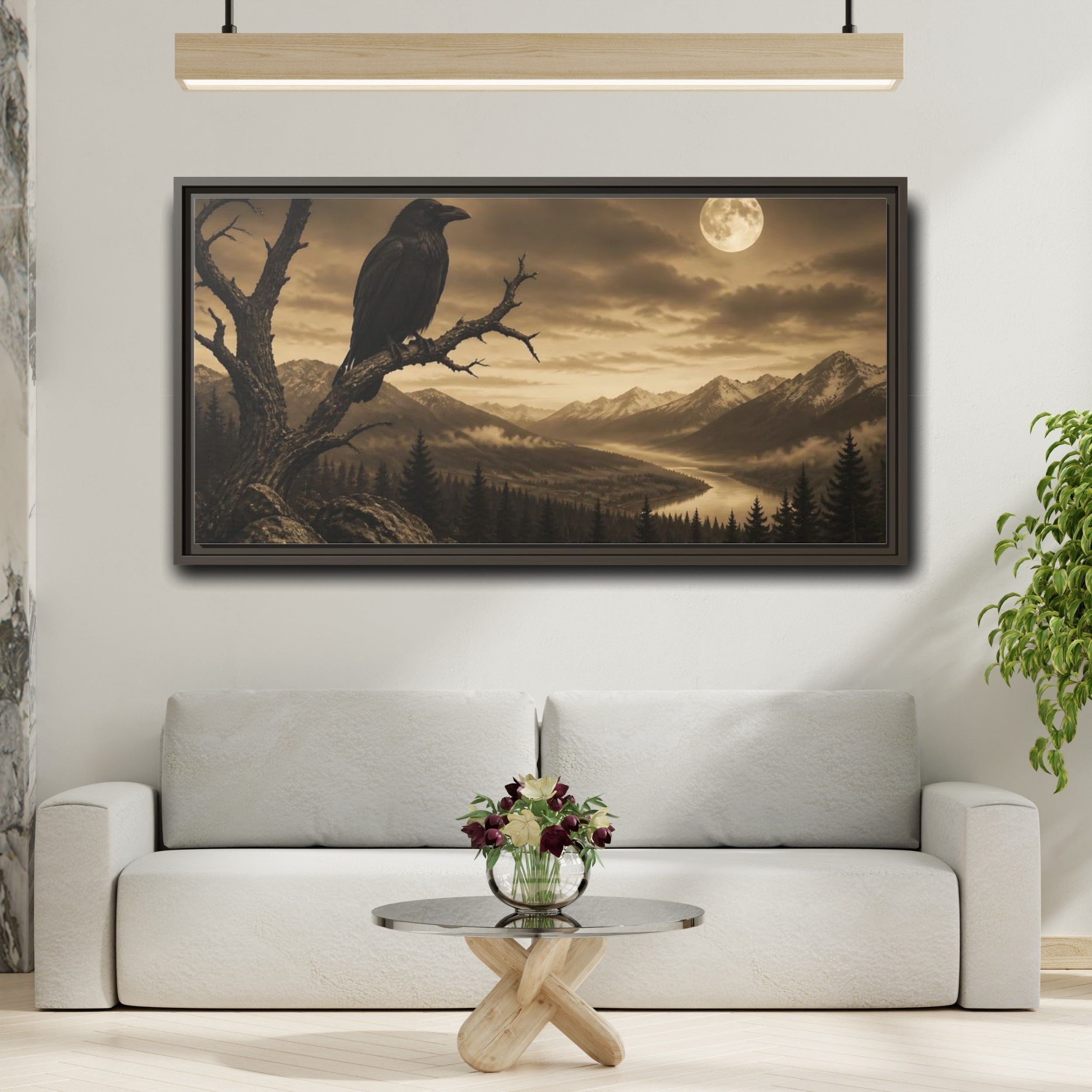 Mockup 2. Nature Raven Sepia Landscape shown as stretched canvas wall art