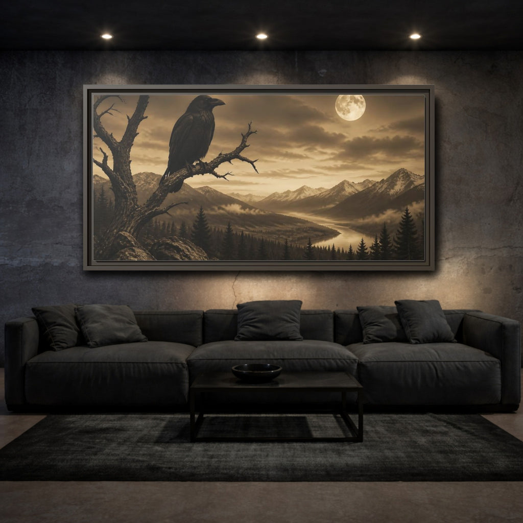 Mockup 3. Nature Raven Sepia Landscape shown as stretched canvas wall art
