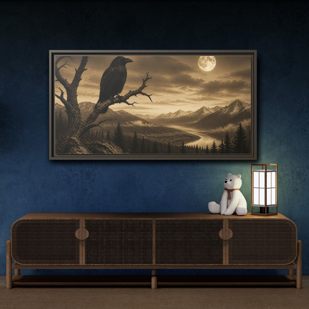 Mockup 4. Nature Raven Sepia Landscape shown as stretched canvas wall art