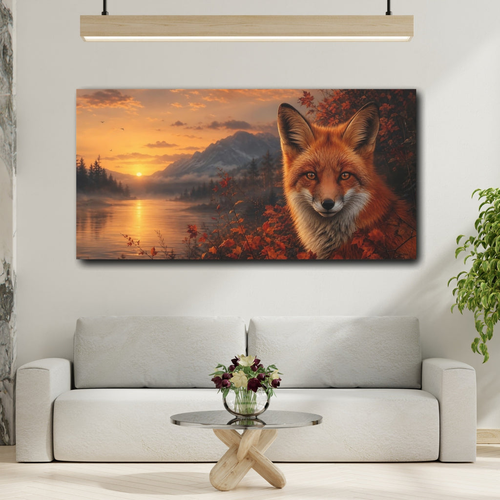 Mockup 2. Nature Red Fox Orange Fox Sunset shown as stretched canvas wall art