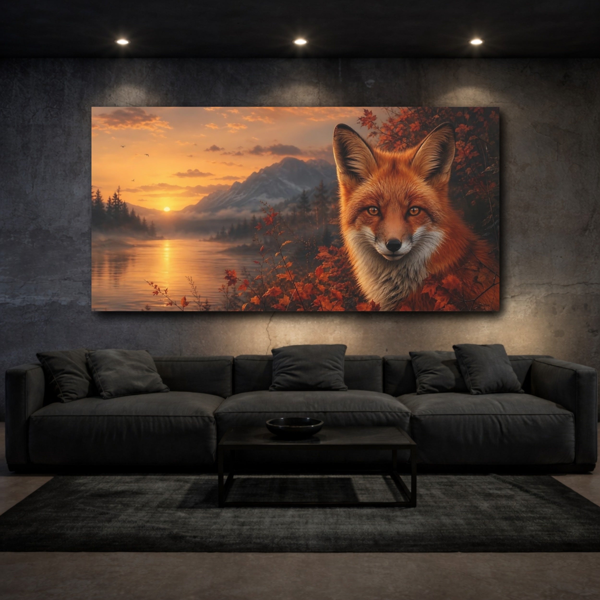 Mockup 3. Nature Red Fox Orange Fox Sunset shown as stretched canvas wall art