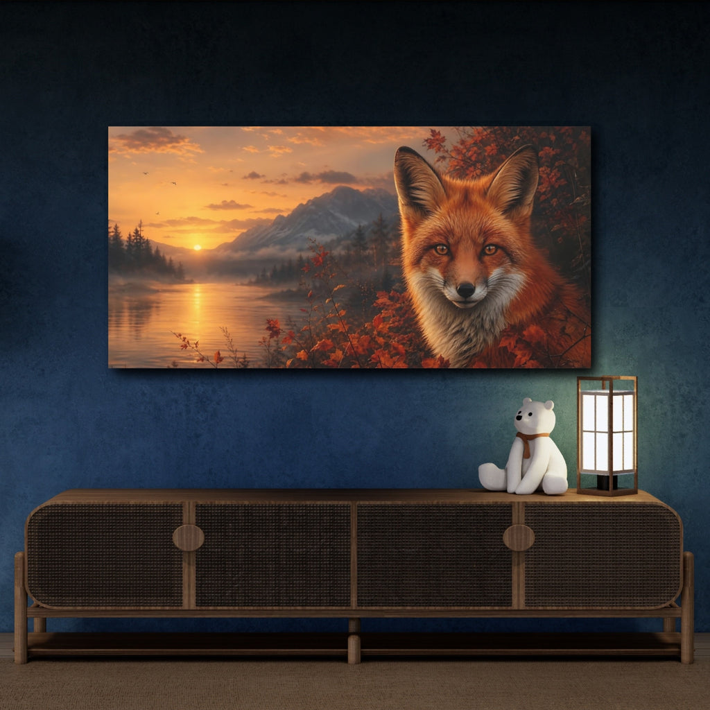 Mockup 4. Nature Red Fox Orange Fox Sunset shown as stretched canvas wall art