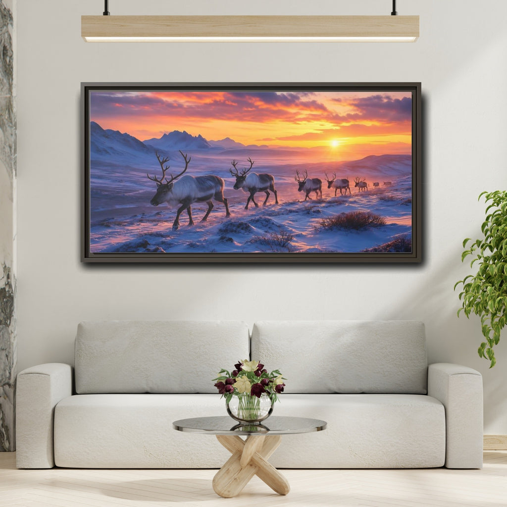 Mockup 2. Nature Reindeer Herd Reindeer Sunset shown as stretched canvas wall art
