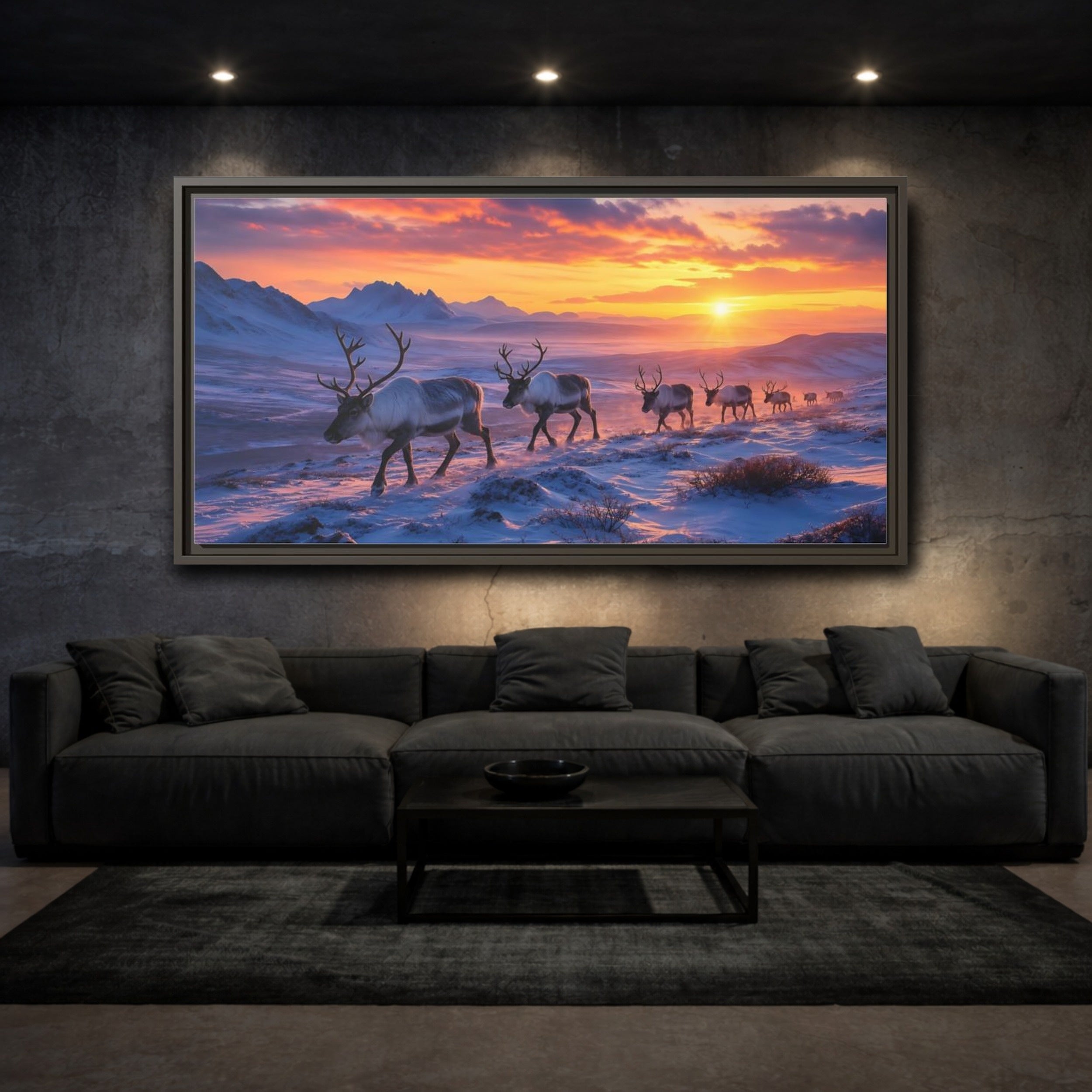 Mockup 3. Nature Reindeer Herd Reindeer Sunset shown as stretched canvas wall art