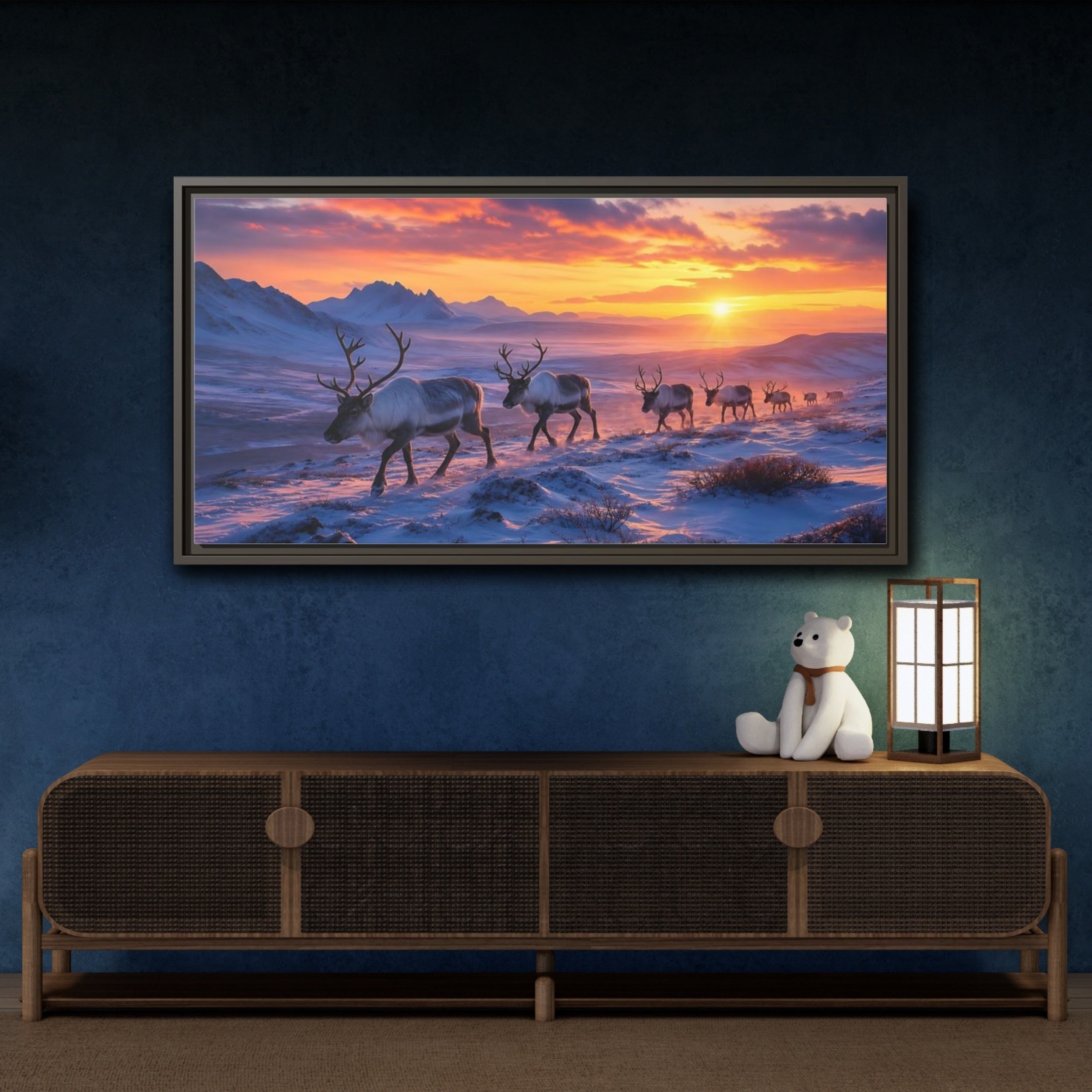 Mockup 4. Nature Reindeer Herd Reindeer Sunset shown as stretched canvas wall art