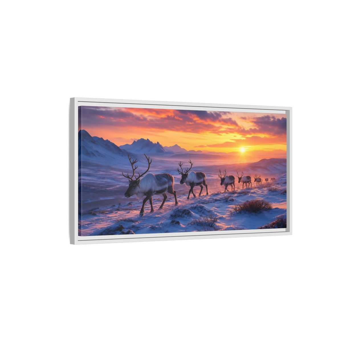 Side Mockup 1. Nature Reindeer Herd Reindeer Sunset shown as stretched canvas wall art