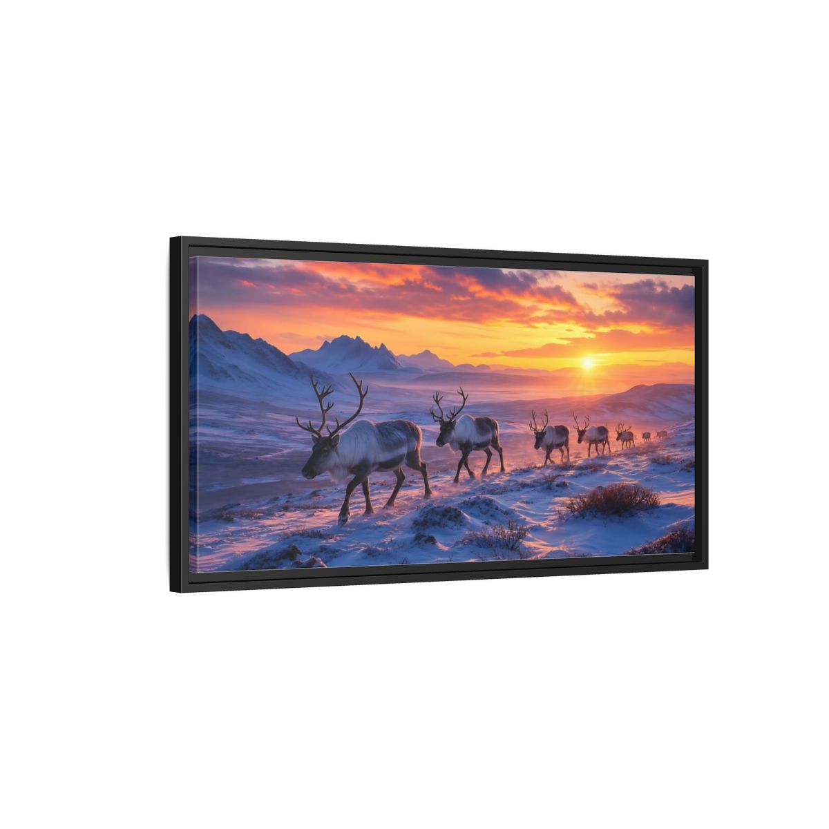 Side Mockup 2. Nature Reindeer Herd Reindeer Sunset shown as stretched canvas wall art