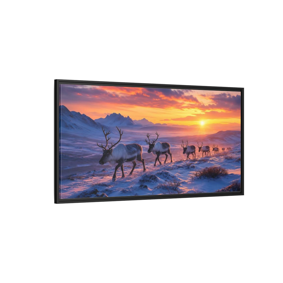 Side Mockup 5. Nature Reindeer Herd Reindeer Sunset shown as stretched canvas wall art