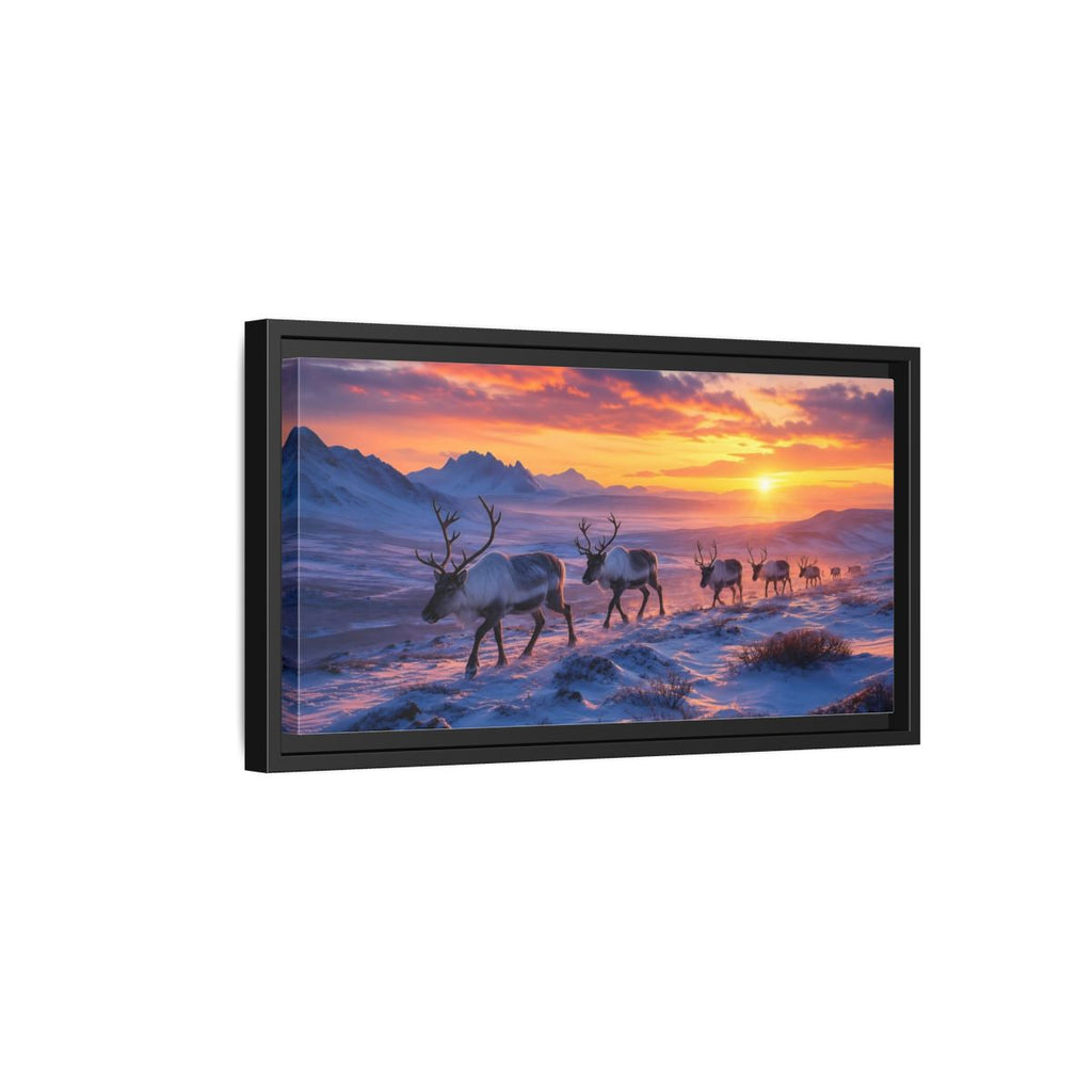 Side Mockup 8. Nature Reindeer Herd Reindeer Sunset shown as stretched canvas wall art