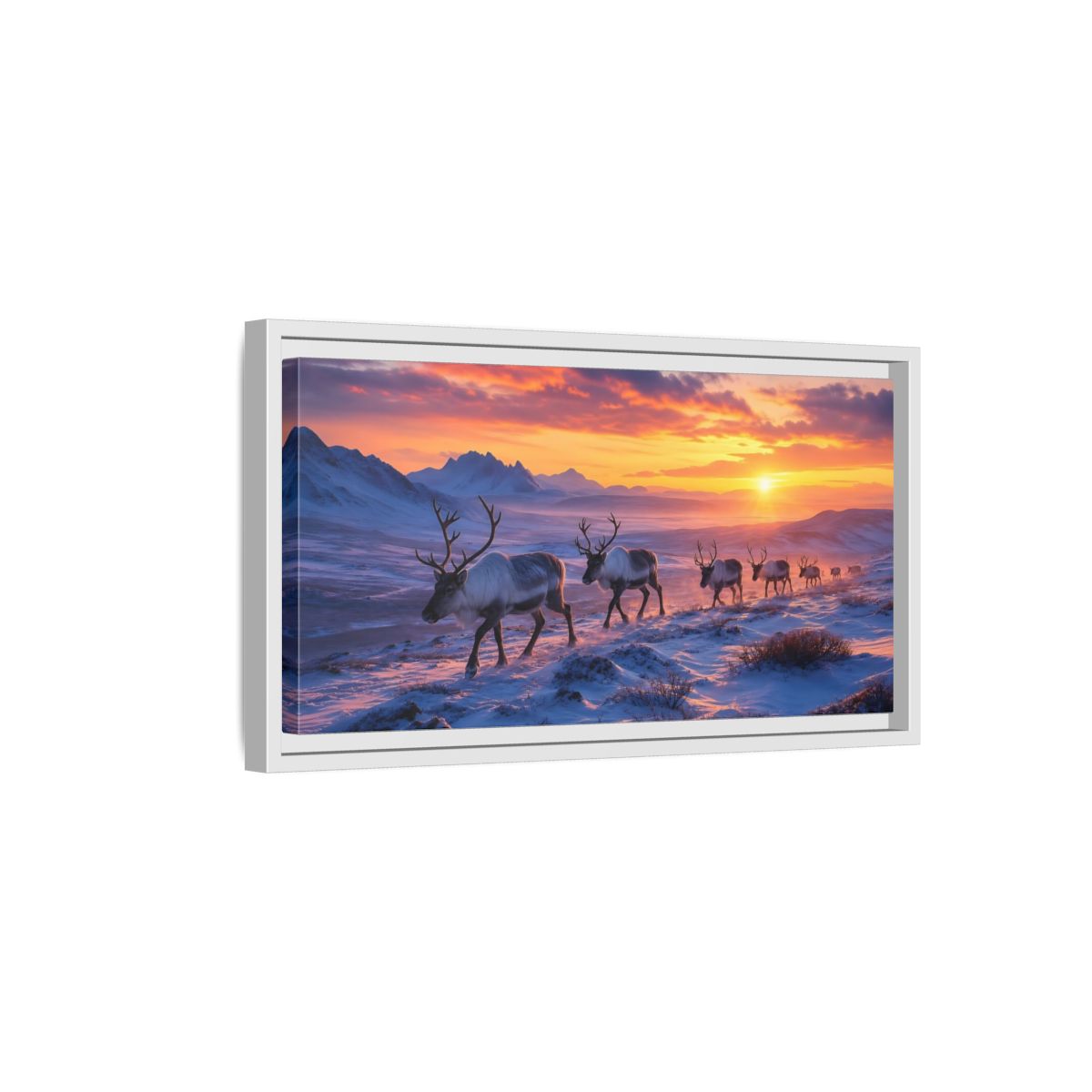 Side Mockup 6. Nature Reindeer Herd Reindeer Sunset shown as stretched canvas wall art