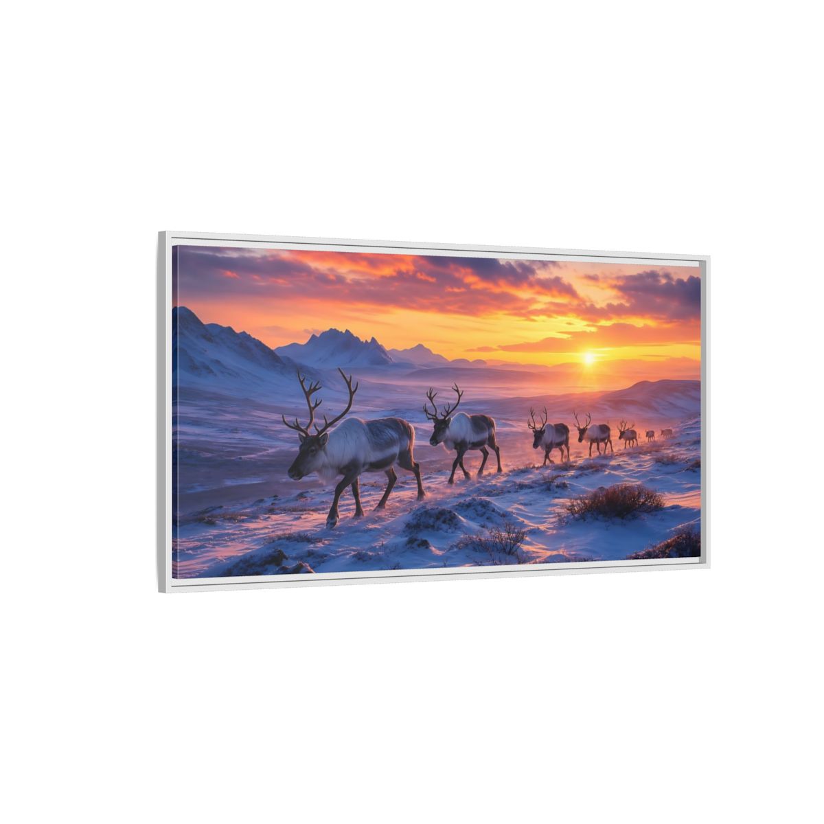 Side Mockup 3. Nature Reindeer Herd Reindeer Sunset shown as stretched canvas wall art