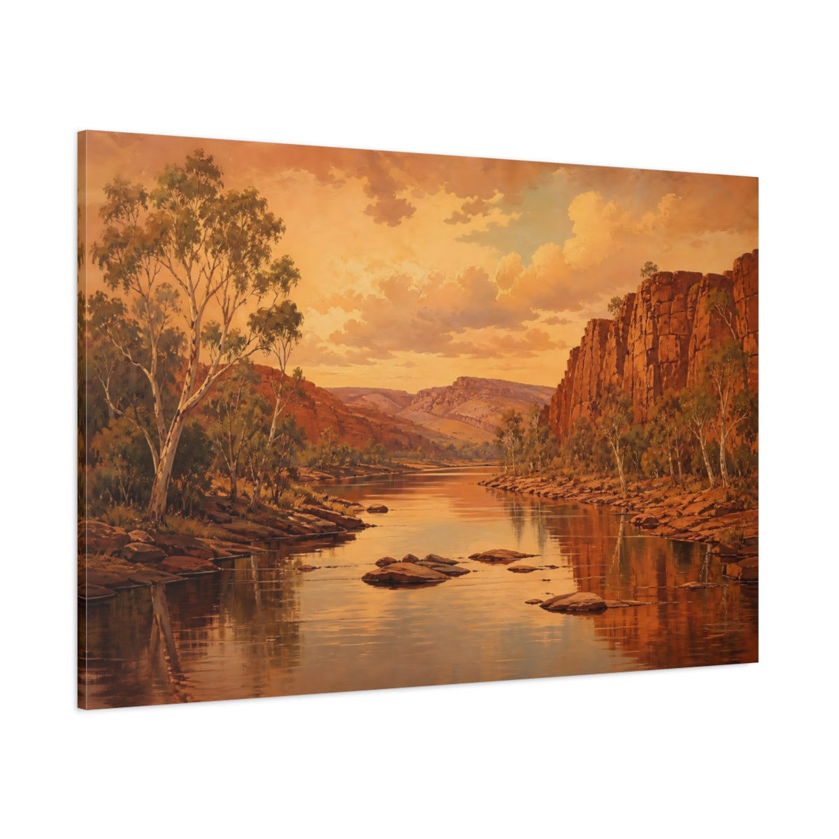Side Mockup 1. Nature River Gorge Warm River Landscape shown as canvas print