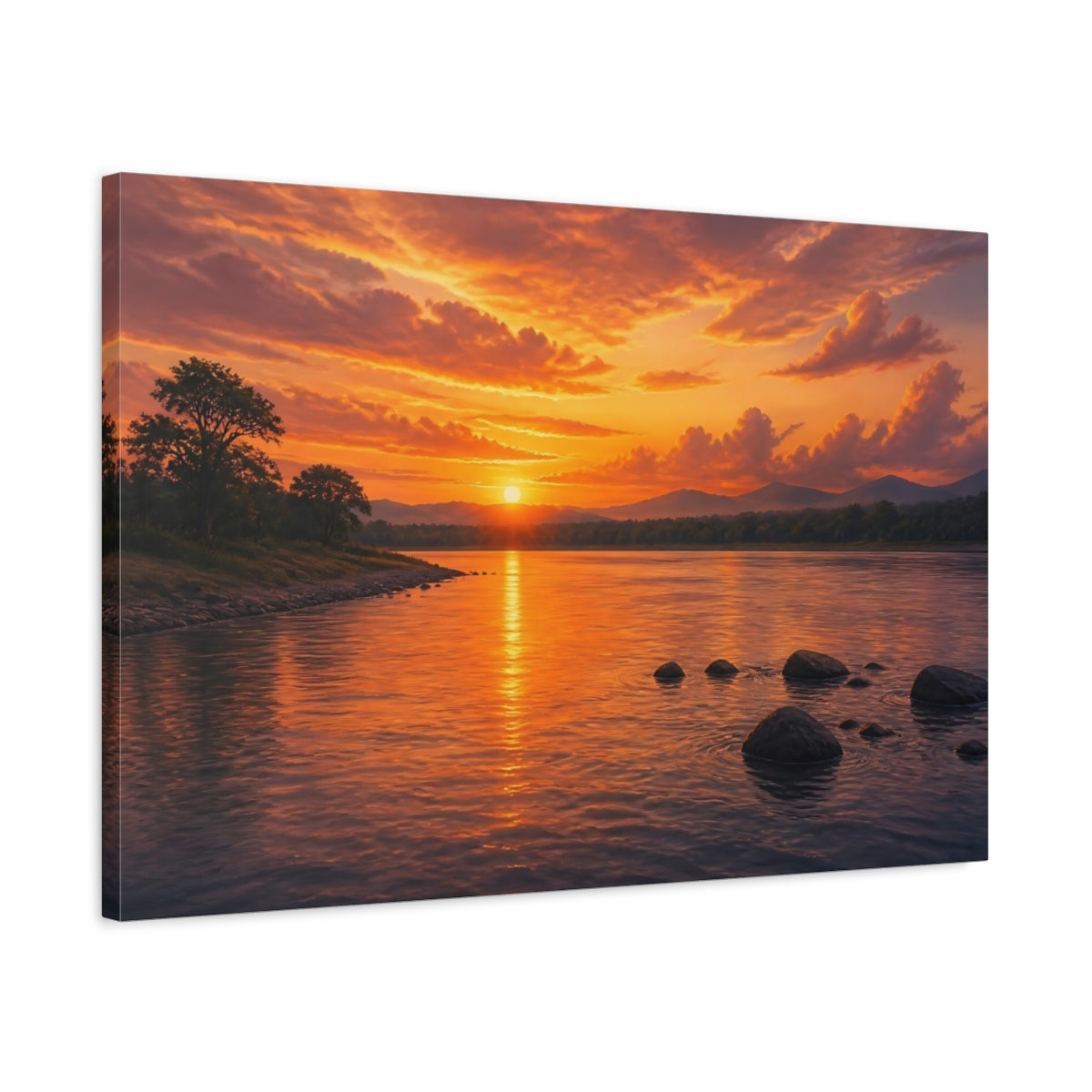 Side Mockup 2. Nature River Sunset Orange Sunset shown as stretched canvas wall art