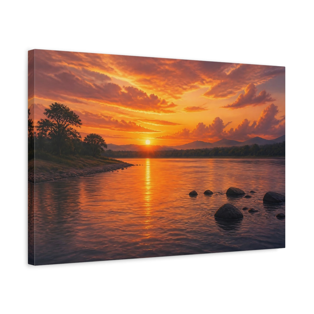 Side Mockup 3. Nature River Sunset Orange Sunset shown as stretched canvas wall art