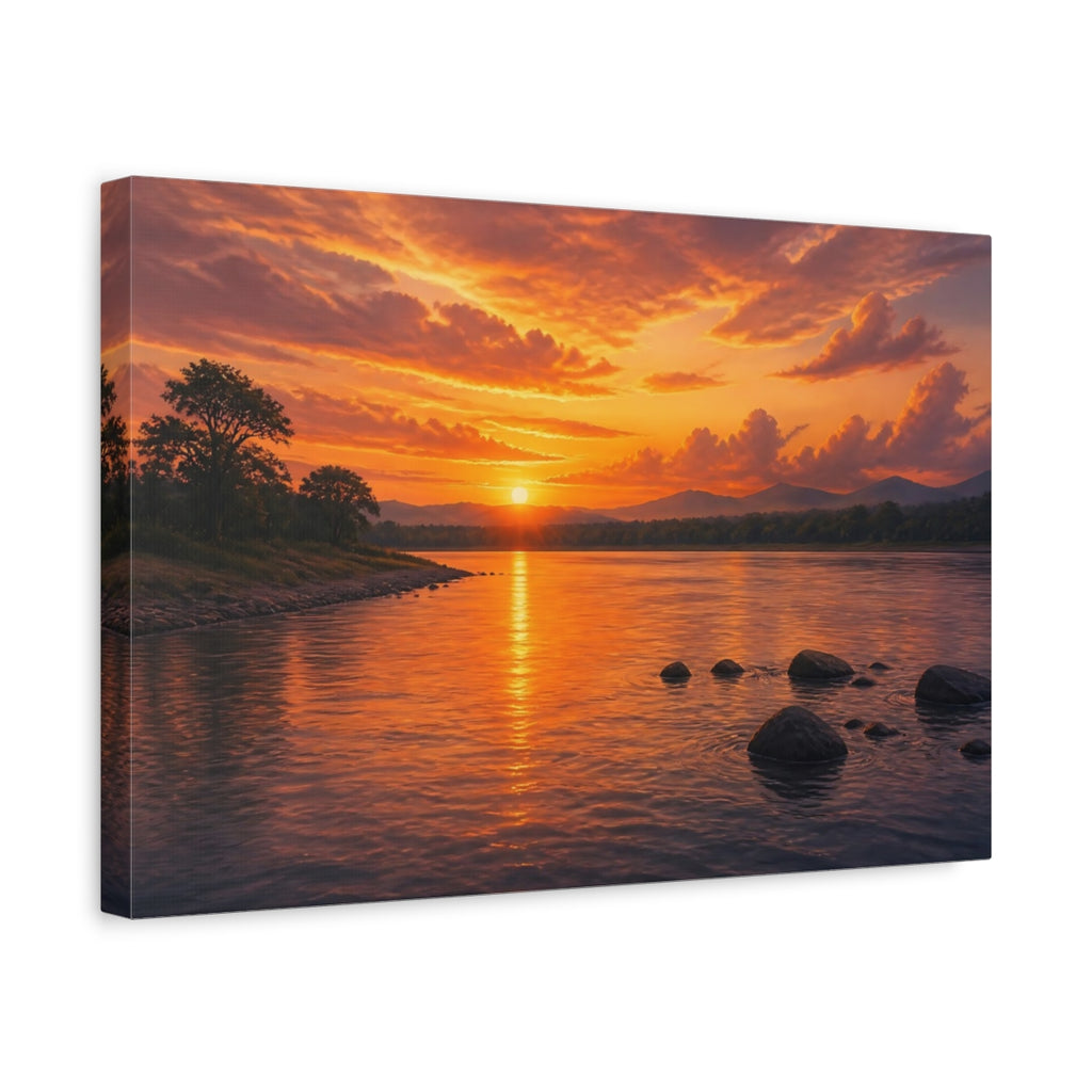 Side Mockup 4. Nature River Sunset Orange Sunset shown as stretched canvas wall art