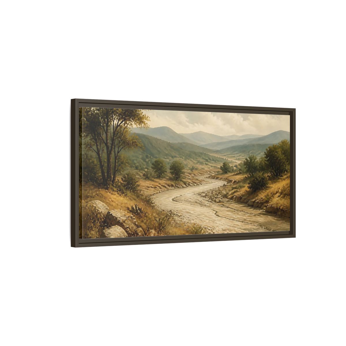 Main Mockup. Nature River Valley Green Brown Landscape shown as stretched canvas wall art