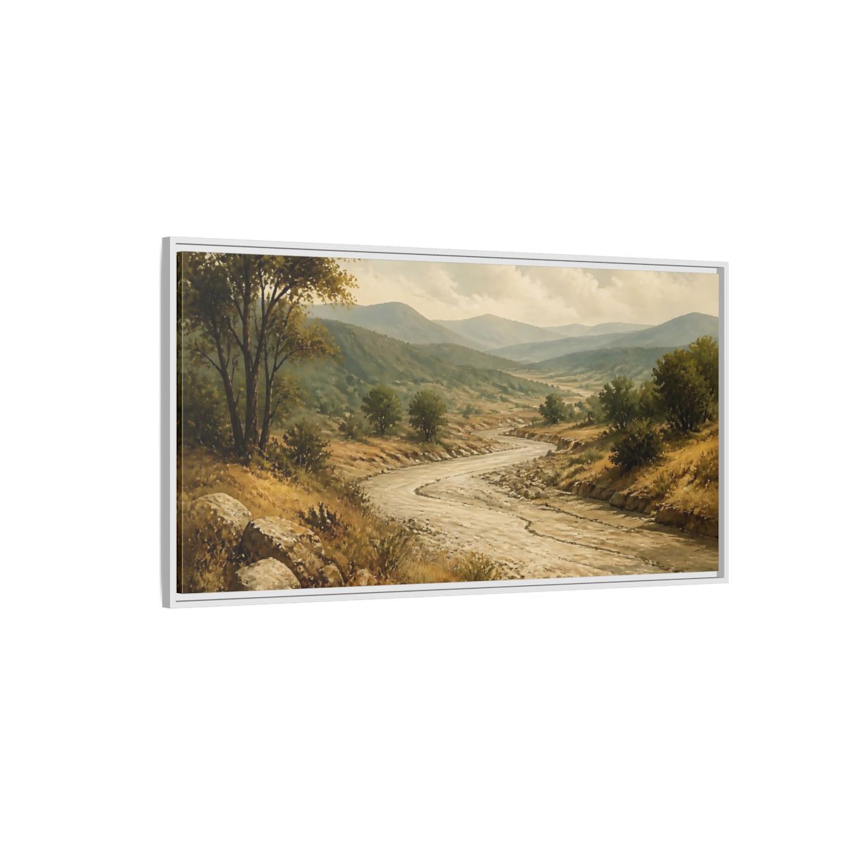 Side Mockup 3. Nature River Valley Green Brown Landscape shown as stretched canvas wall art