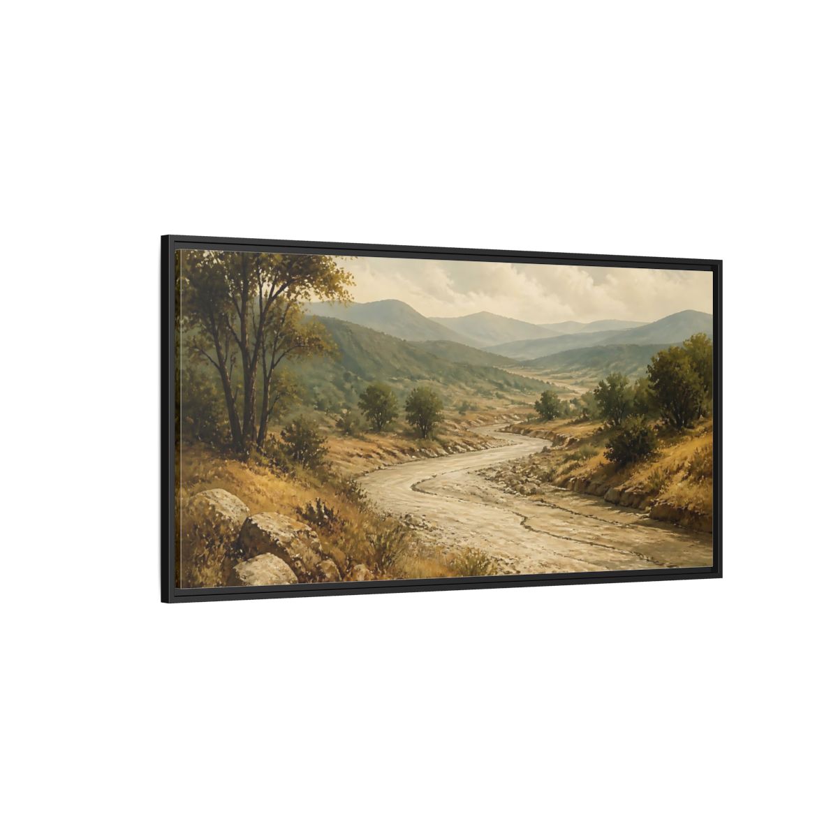 Side Mockup 5. Nature River Valley Green Brown Landscape shown as stretched canvas wall art