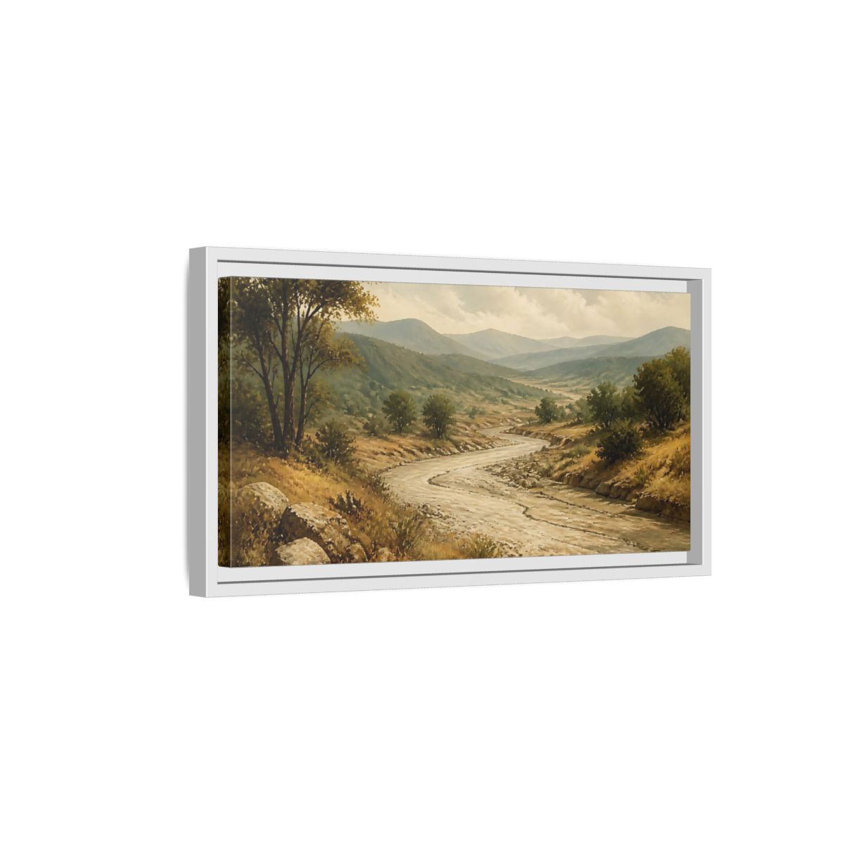 Side Mockup 6. Nature River Valley Green Brown Landscape shown as stretched canvas wall art