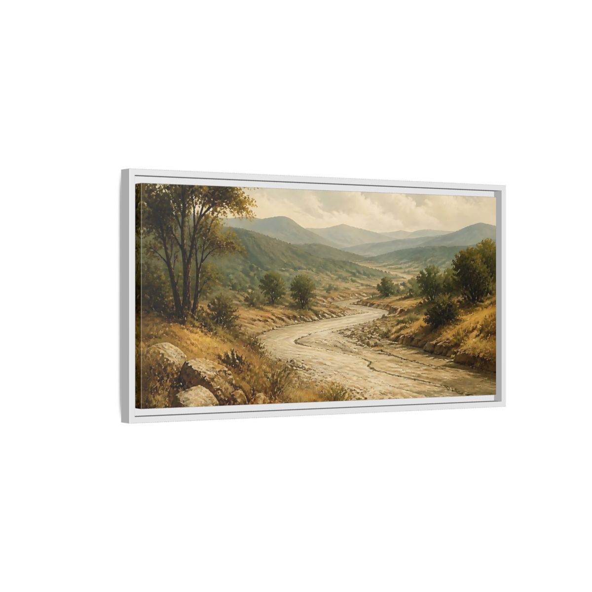 Side Mockup 1. Nature River Valley Green Brown Landscape shown as stretched canvas wall art