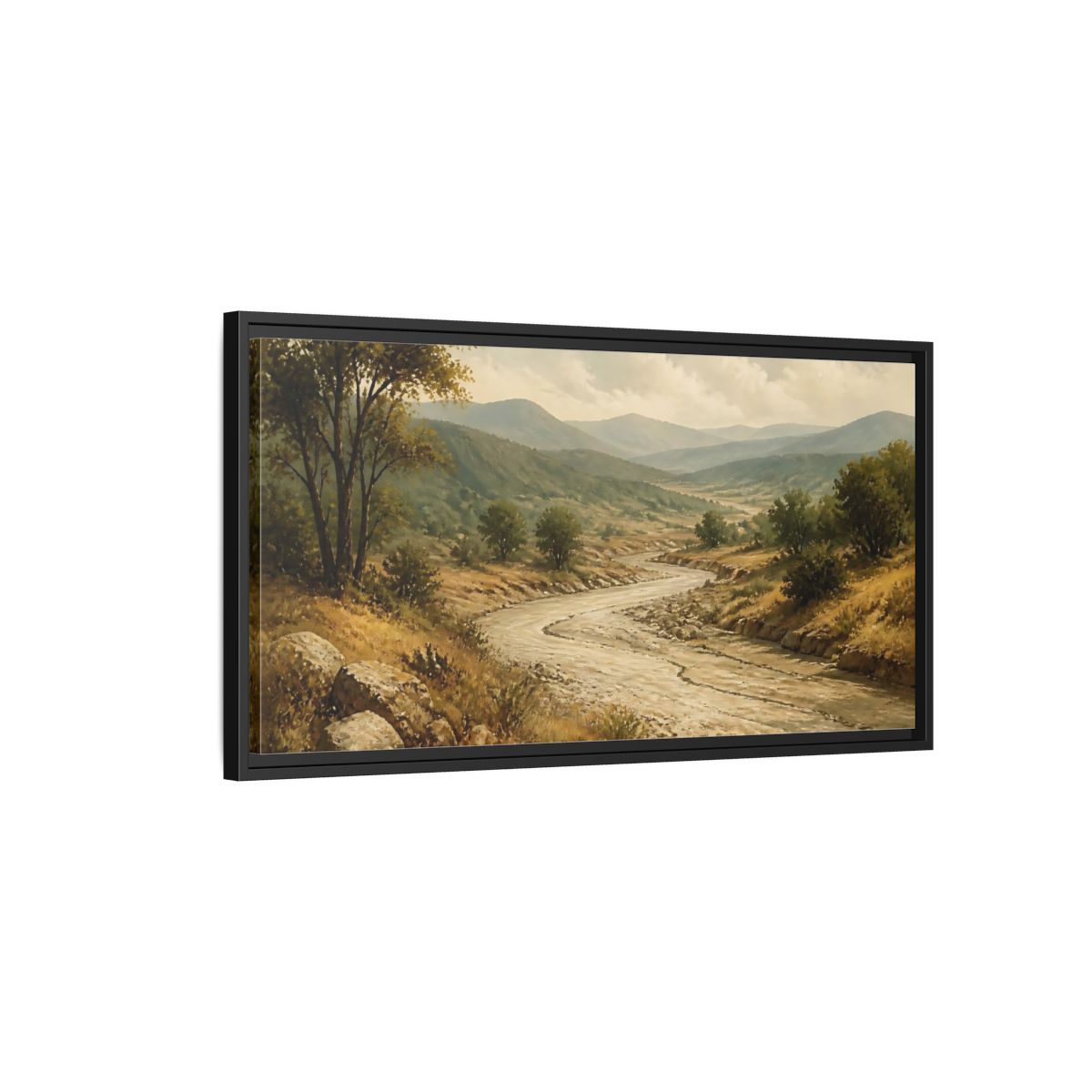 Side Mockup 2. Nature River Valley Green Brown Landscape shown as stretched canvas wall art