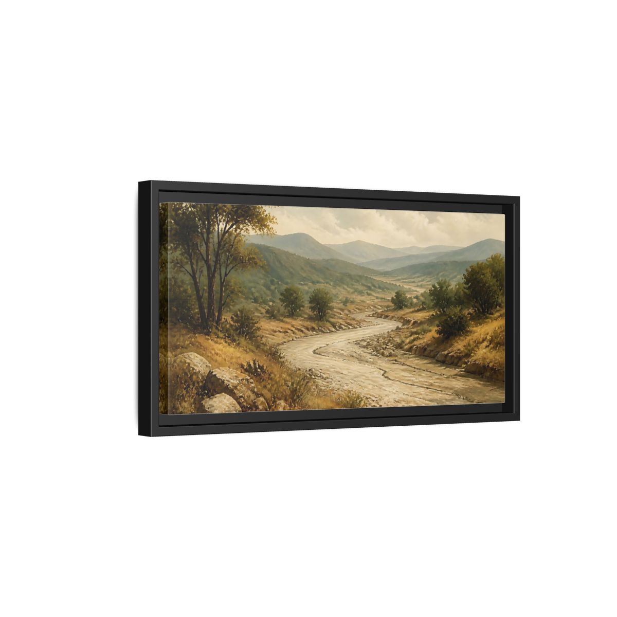 Side Mockup 8. Nature River Valley Green Brown Landscape shown as stretched canvas wall art