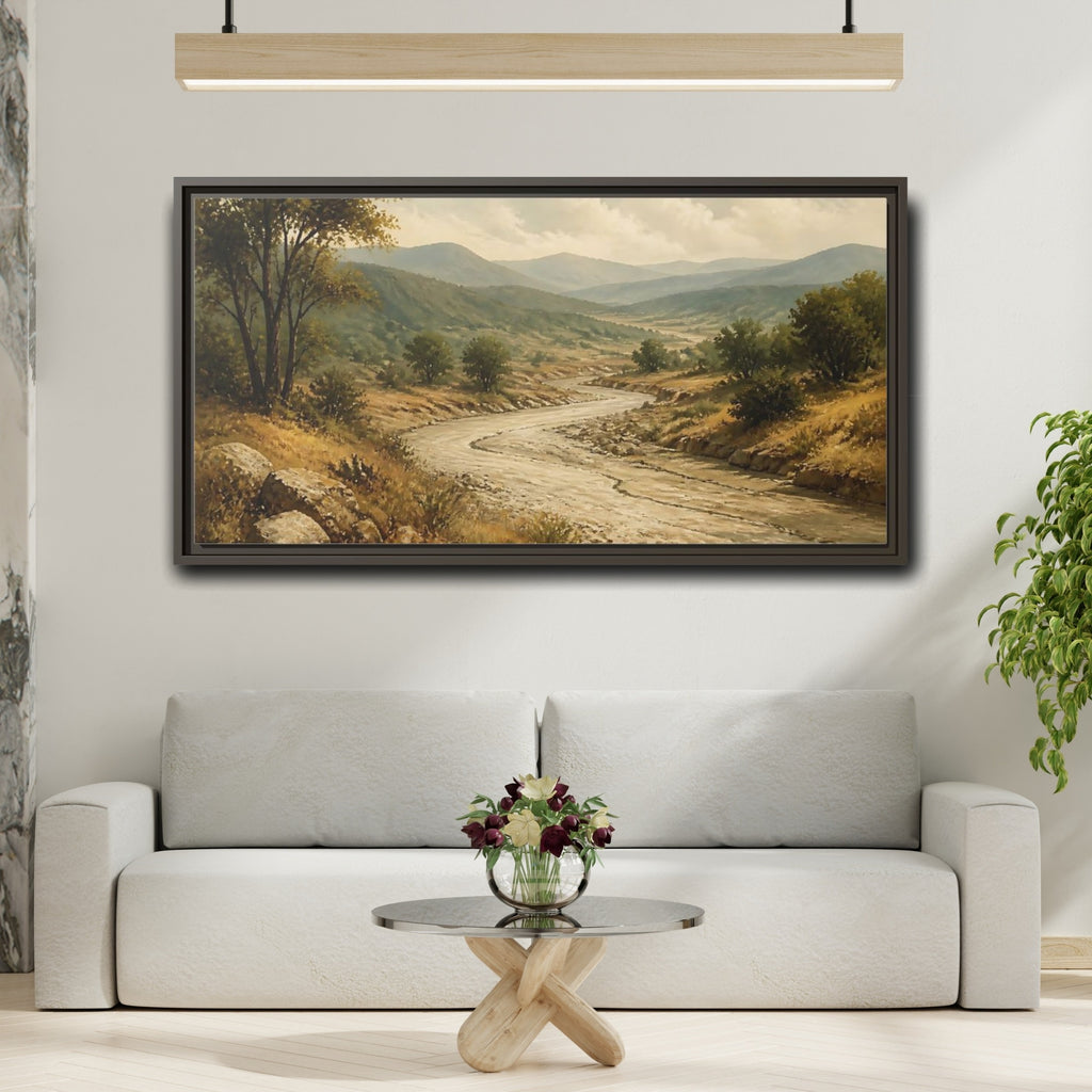 Mockup 2. Nature River Valley Green Brown Landscape shown as stretched canvas wall art