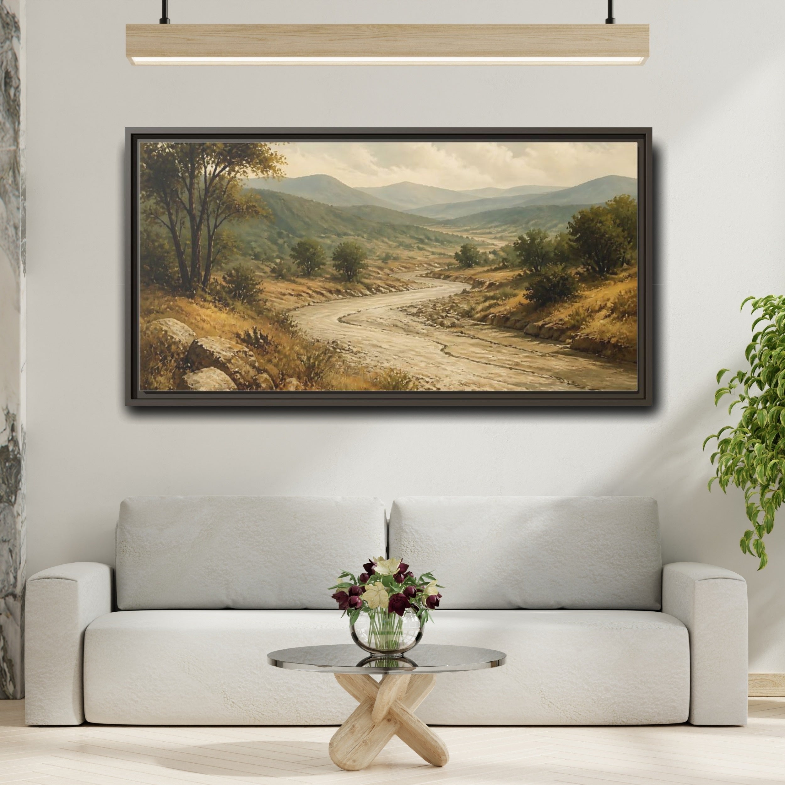 Mockup 2. Nature River Valley Green Brown Landscape shown as stretched canvas wall art