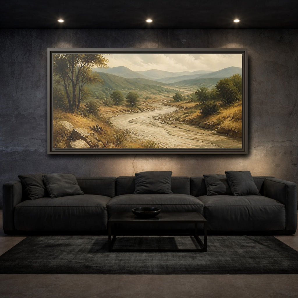 Mockup 3. Nature River Valley Green Brown Landscape shown as stretched canvas wall art