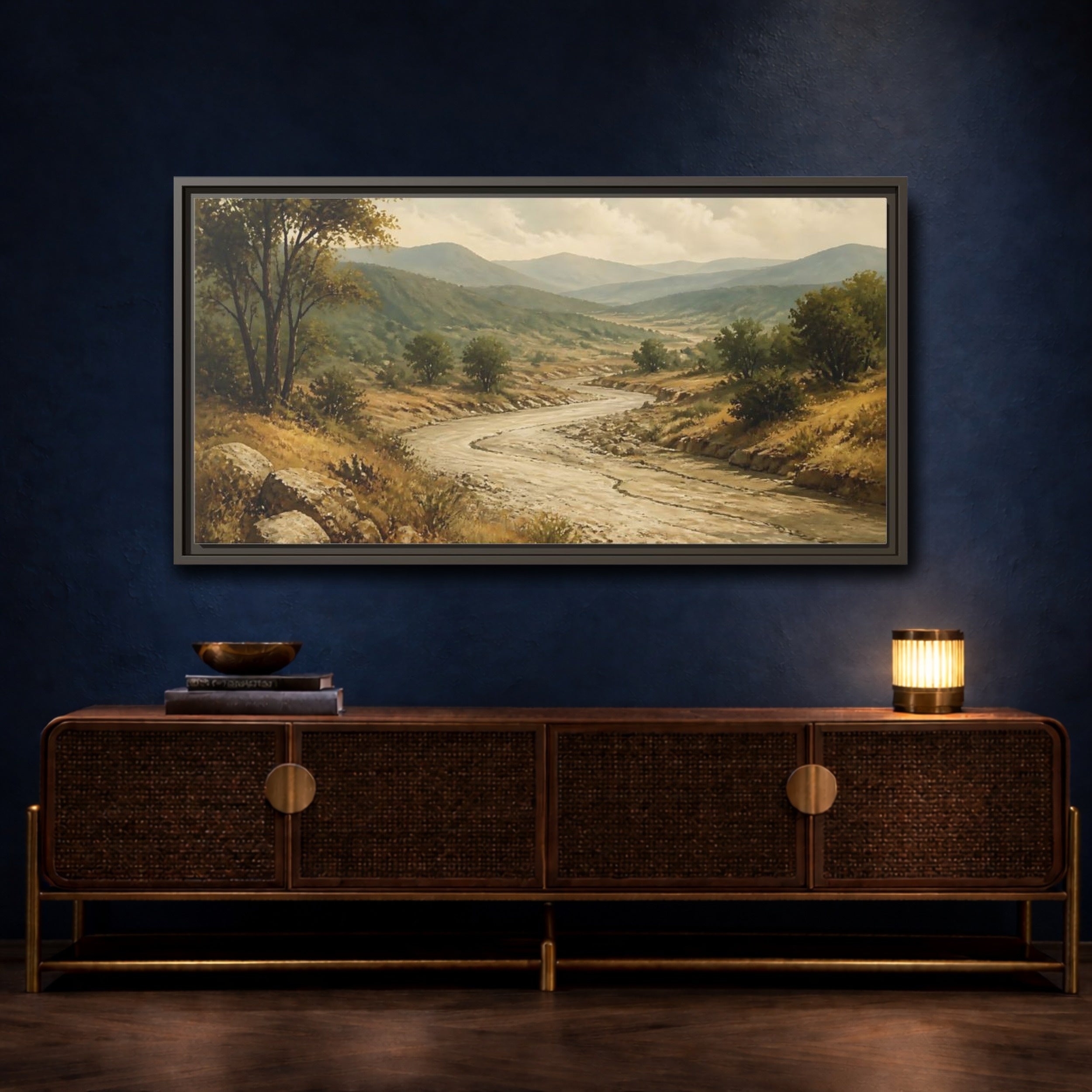 Mockup 4. Nature River Valley Green Brown Landscape shown as stretched canvas wall art
