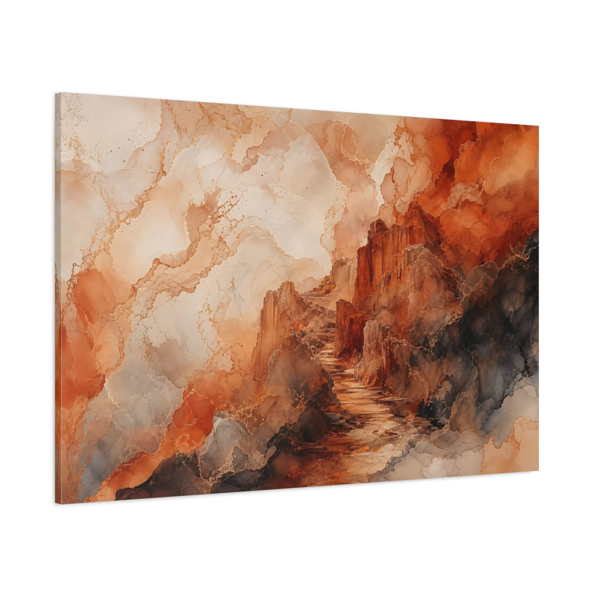 Side Mockup 1. Nature Rocky Path Orange And Grey Landscape shown as stretched canvas wall art