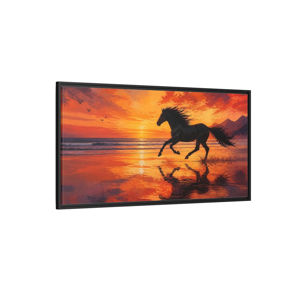 Side Mockup 5. Nature Running Horse Orange Black Horse shown as stretched canvas wall art