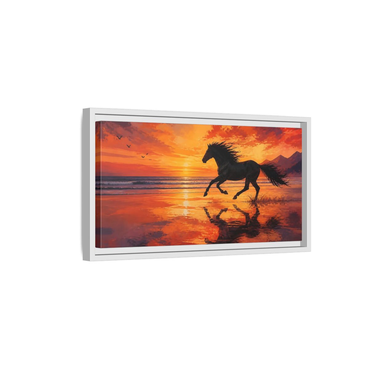 Side Mockup 6. Nature Running Horse Orange Black Horse shown as stretched canvas wall art